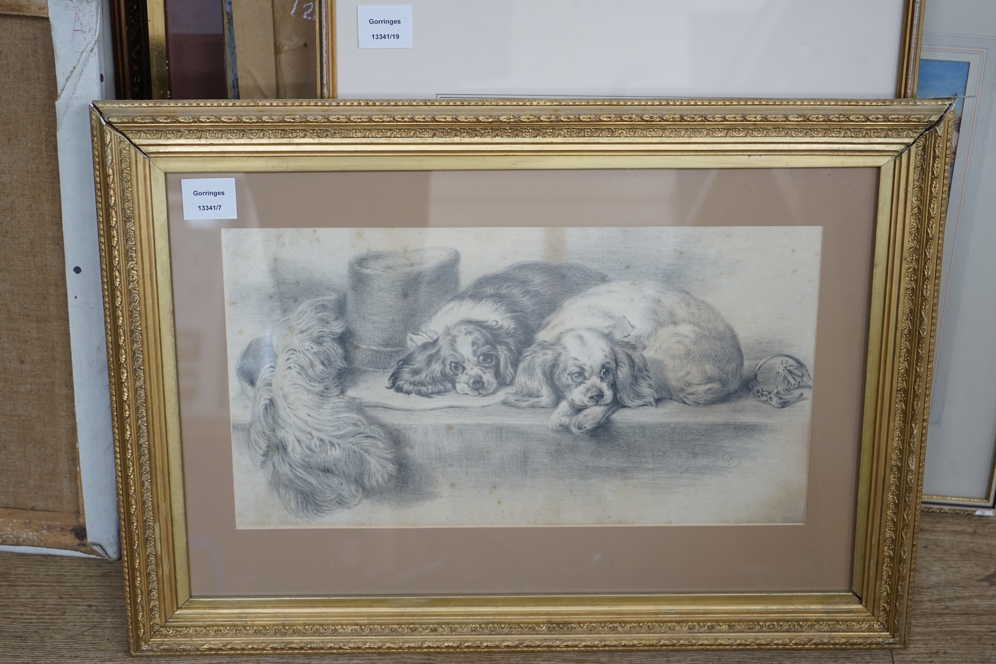 After Edwin Landseer (1802-1873) 19th century pencil drawing, 'Cavalier's Pets', 25 x 45cm